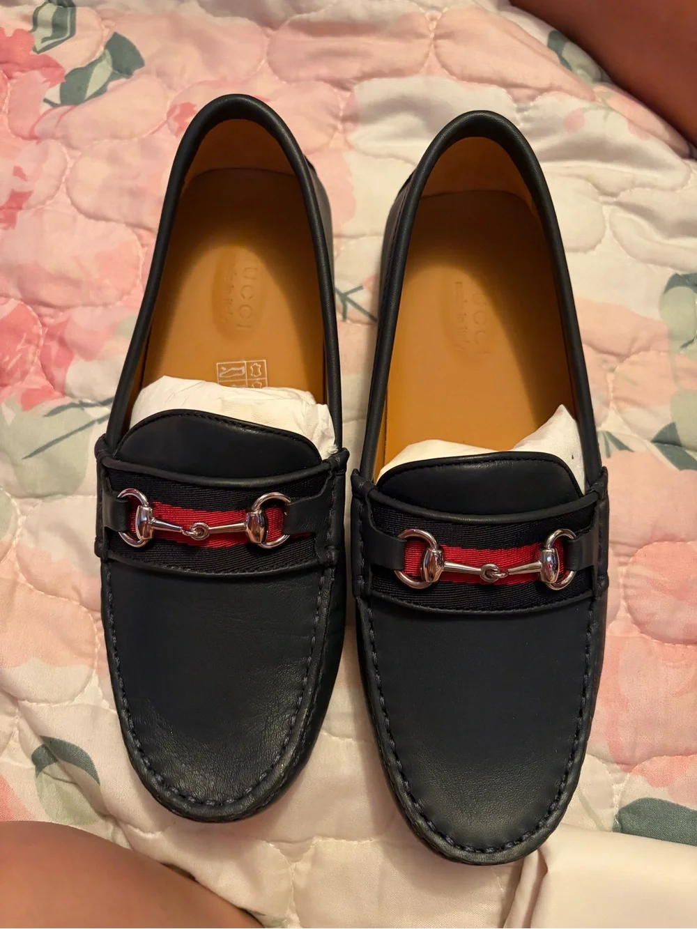 Gucci Kids Navy Leather Loafers with Red Stripe and Silver Bit